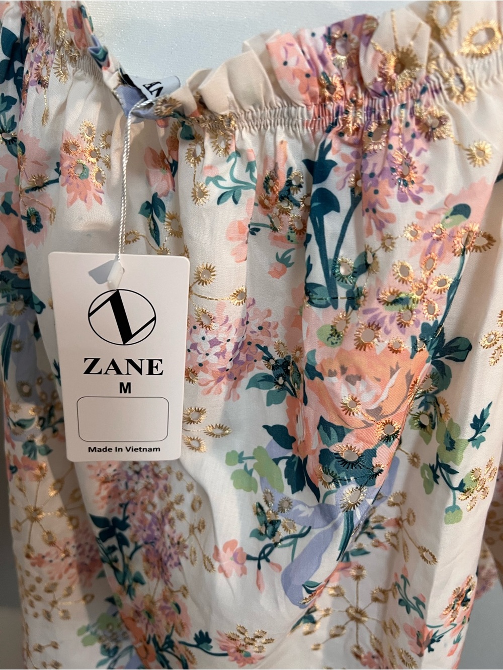 Zane Cream Floral Off-Shoulder Blouse with Pink & Green Accents